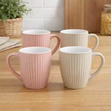 2Pcs 360ml Pink & Cream Stoneware Ribbed Coffee Mugs