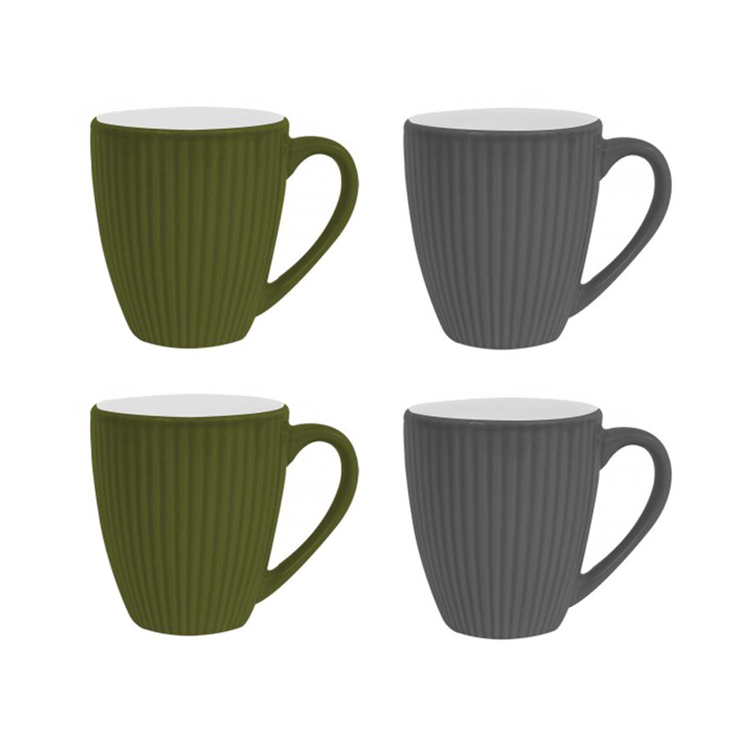 4Pcs 360ml Green & Grey Stoneware Ribbed Coffee Mugs