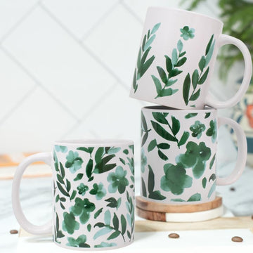 Stoneware Mug Set of 6 325ml | Green Floral & Leaf Tea Coffee Cups