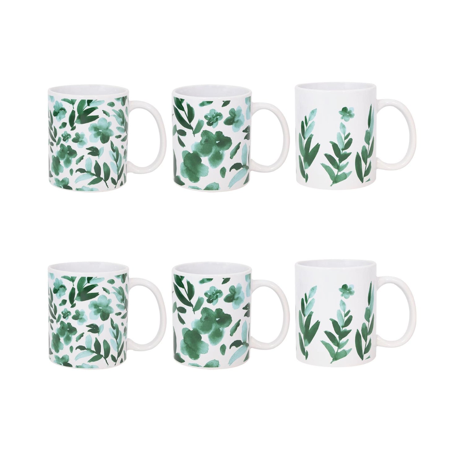 Stoneware Mug Set of 6 325ml | Green Floral & Leaf Tea Coffee Cups