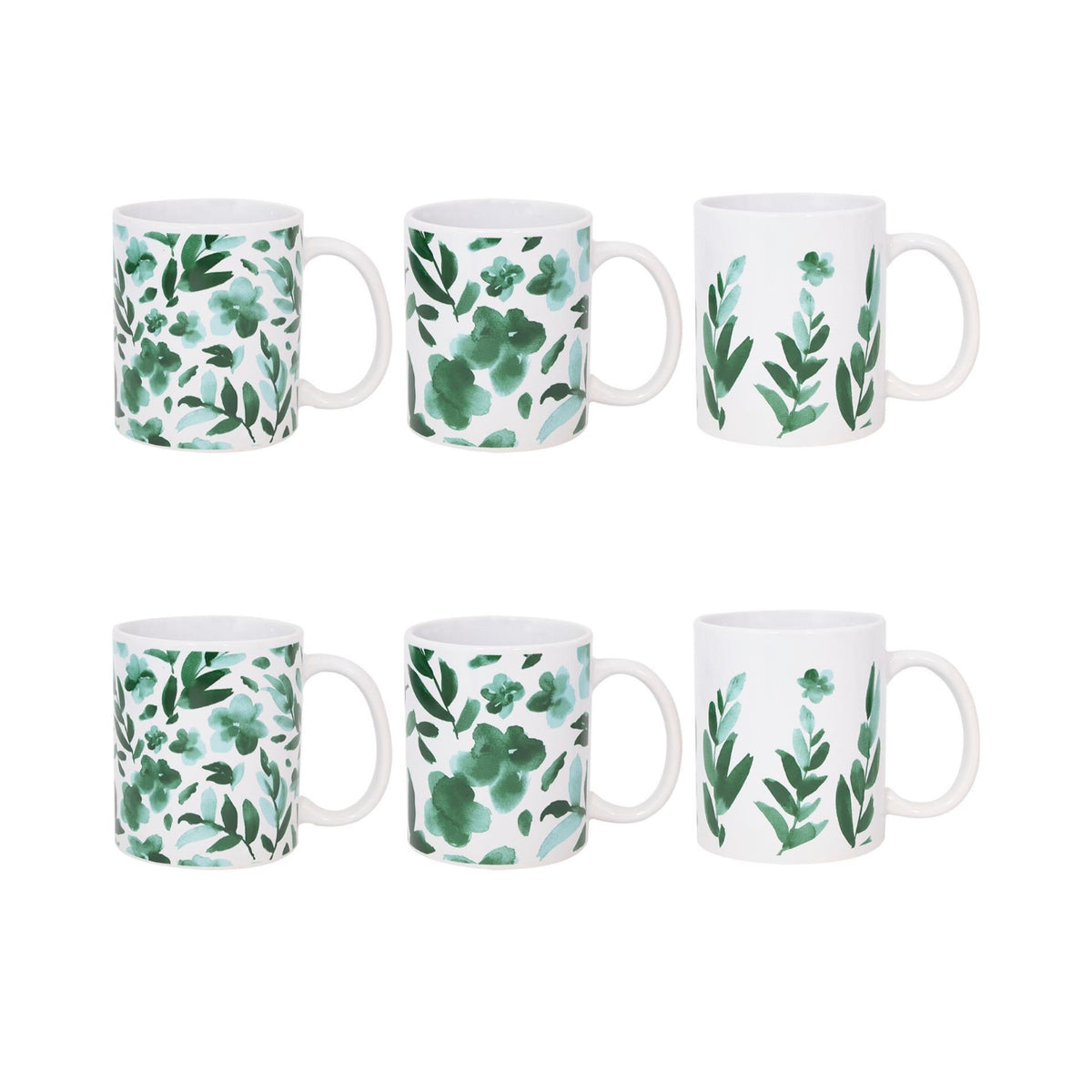 Stoneware Mug Set of 6 325ml | Green Floral & Leaf Tea Coffee Cups