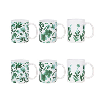 Stoneware Mug Set of 6 325ml | Green Floral & Leaf Tea Coffee Cups