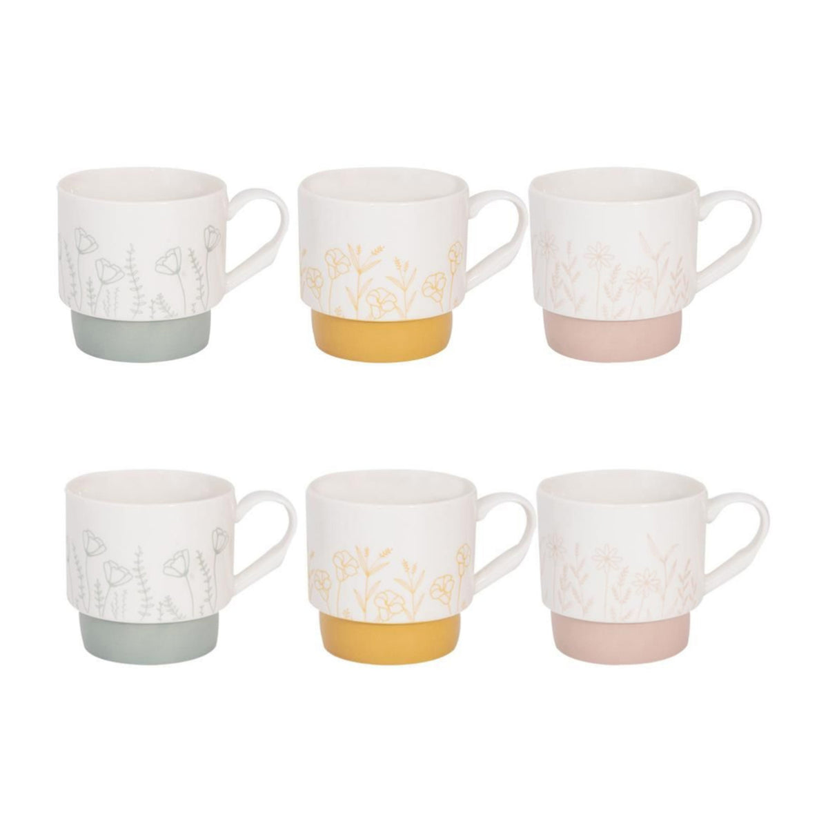 6Pcs 310ml Floral Embossed Designs Stackable Ceramic Coffee Mugs