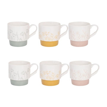 6Pcs 310ml Floral Embossed Designs Stackable Ceramic Coffee Mugs