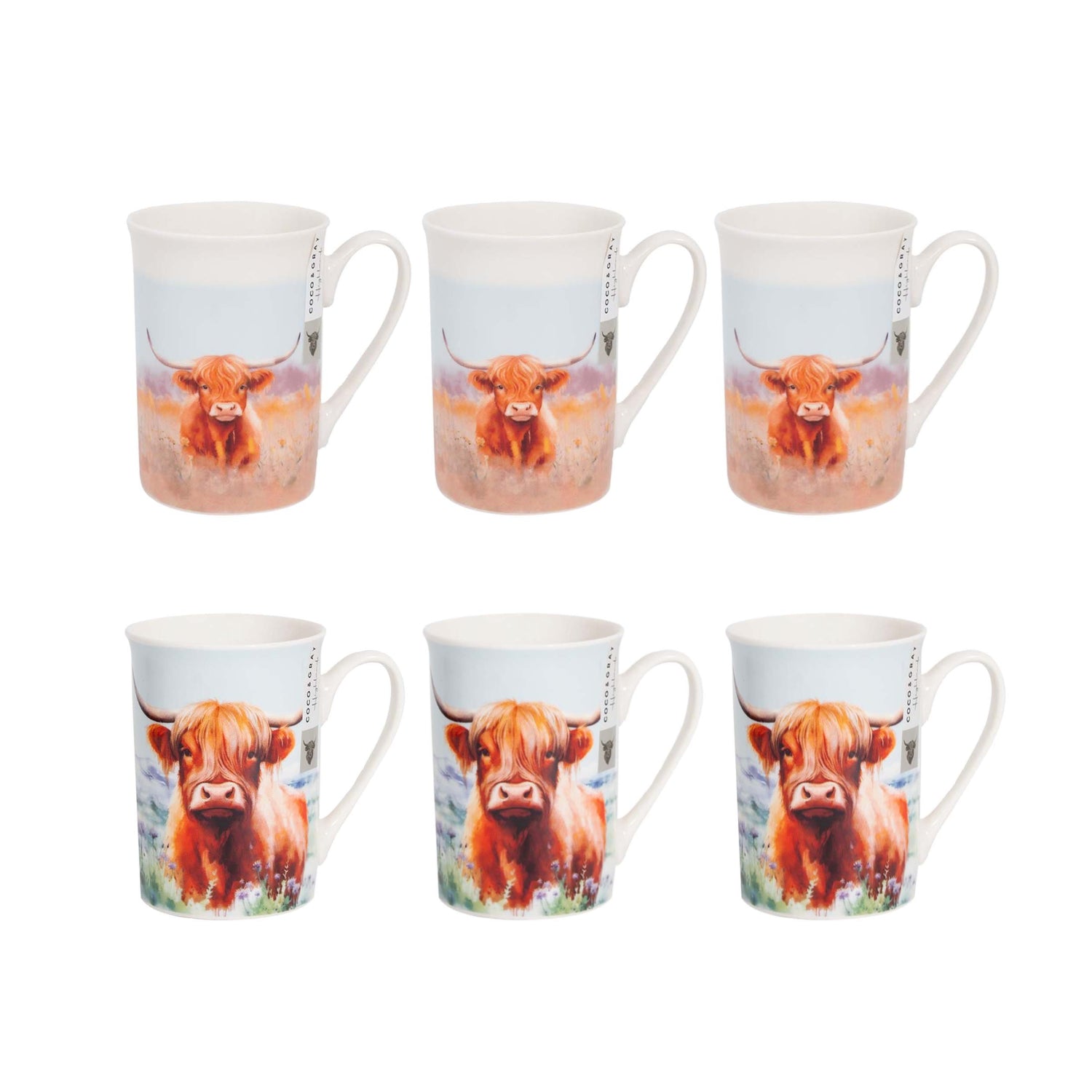 6Pcs Coco & Gray 280ml Highland Cow Coffee Mug