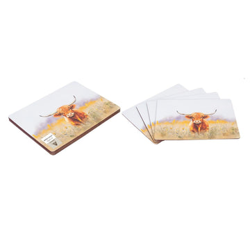 4Pcs Rectangle Placemats & 4Pcs Coasters  Highland Cow Design by Coco & Gray Set