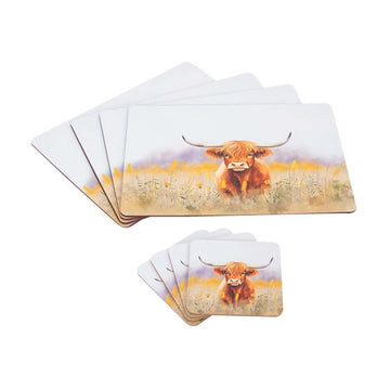 4Pcs Rectangle Placemats & 4Pcs Coasters  Highland Cow Design by Coco & Gray Set