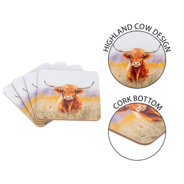 4Pcs Highland Cow Design Coasters by Coco & Gray