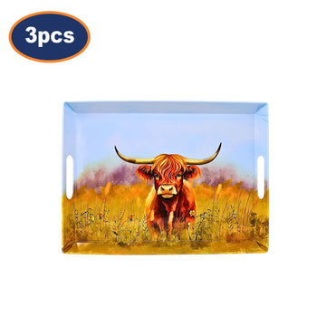 3Pcs Highland Cow 38cm Melamine Rectangle Serving Tray