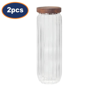 2Pcs Coco & Gray 1.1 L Ribbed Glass Canister with Wooden Lid