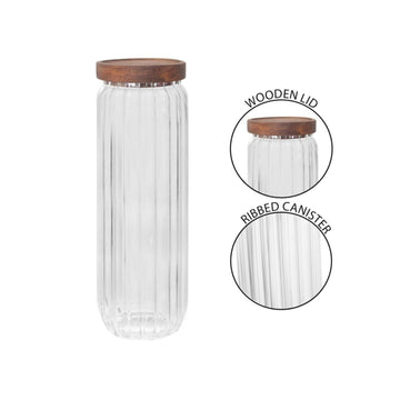 6Pcs Coco & Gray 1.1 L Ribbed Glass Canister with Wooden Lid