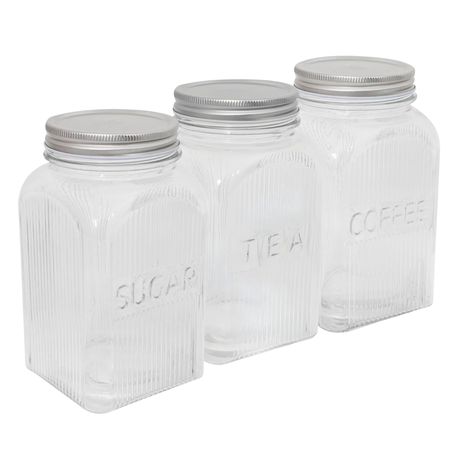1.3L Clear Ribbed Square Glass Tea Coffee Sugar Storage Jars