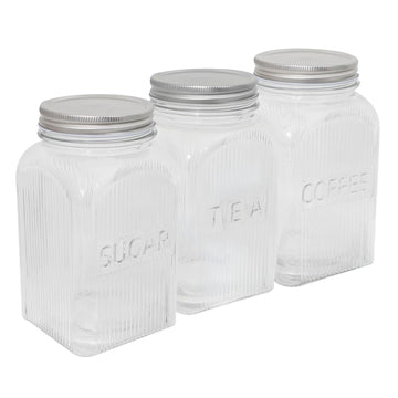 1.3L Clear Ribbed Square Glass Tea Coffee Sugar Storage Jars