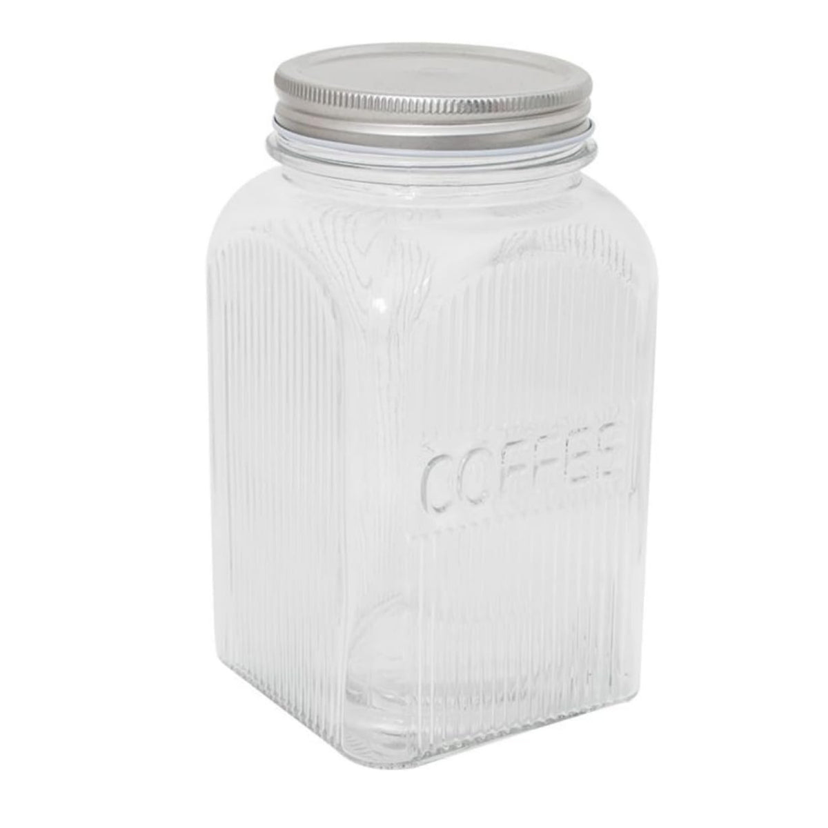 1.3L Coffee Canister Square Glass Clear Ribbed Silver Lid Jar