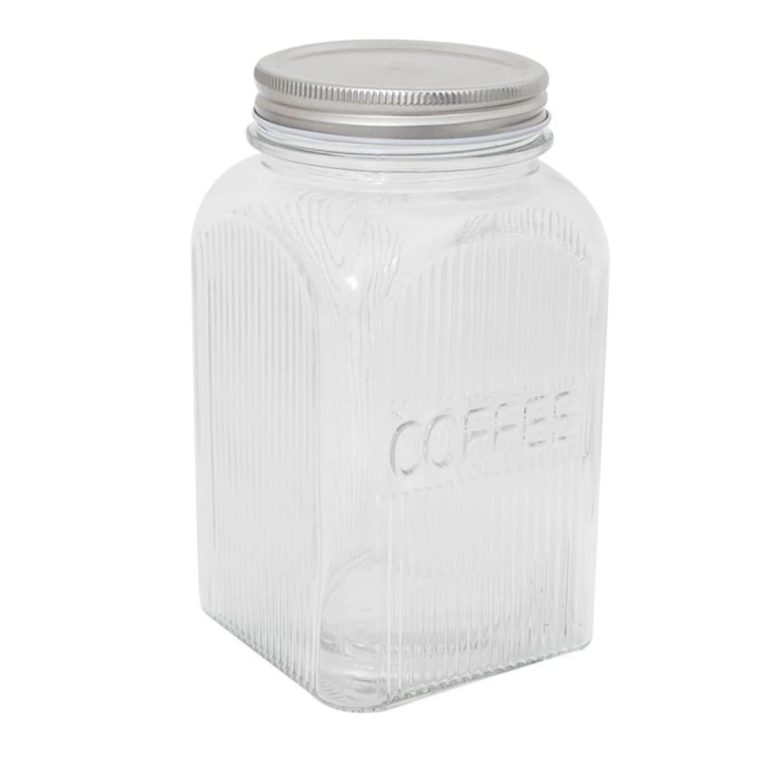 1.3L Coffee Canister Square Glass Clear Ribbed Silver Lid Jar