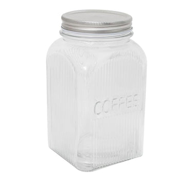 1.3L Coffee Canister Square Glass Clear Ribbed Silver Lid Jar
