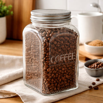 1.3L Coffee Canister Square Glass Clear Ribbed Silver Lid Jar