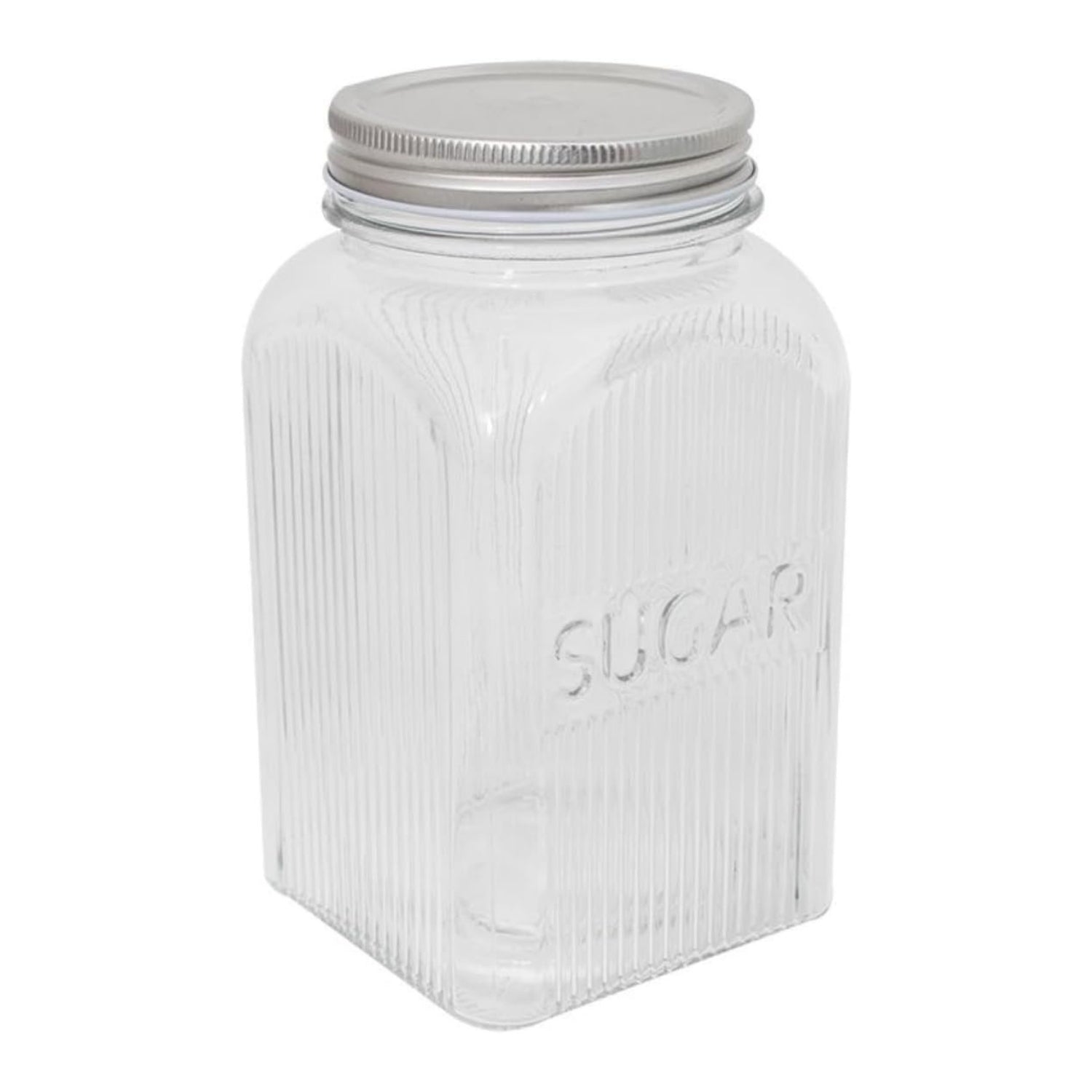 1.3L Sugar Canister Square Glass Clear Ribbed Silver Lid Jar