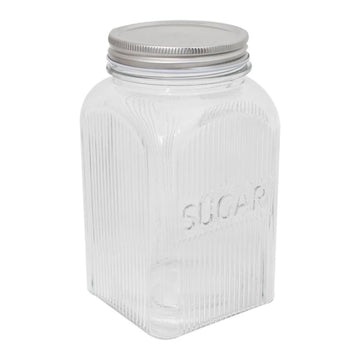 1.3L Sugar Canister Square Glass Clear Ribbed Silver Lid Jar