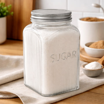 1.3L Sugar Canister Square Glass Clear Ribbed Silver Lid Jar