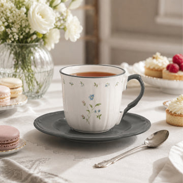 Floral Teacup & Saucer Set 220ml Grey New China Dishwasher Safe