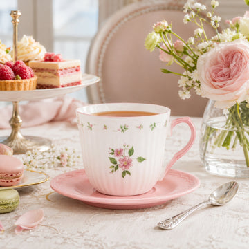 Floral Teacup & Saucer Set 220ml Pink New China Dishwasher Safe