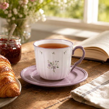 Floral Teacup & Saucer Set 220ml Purple New China Dishwasher Safe