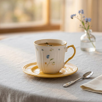 Floral Teacup & Saucer Set 220ml Yellow New China Dishwasher Safe