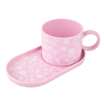 Pink Floral Stoneware Mug & Snack Saucer Set 260ml