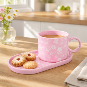 Pink Floral Stoneware Mug & Snack Saucer Set 260ml