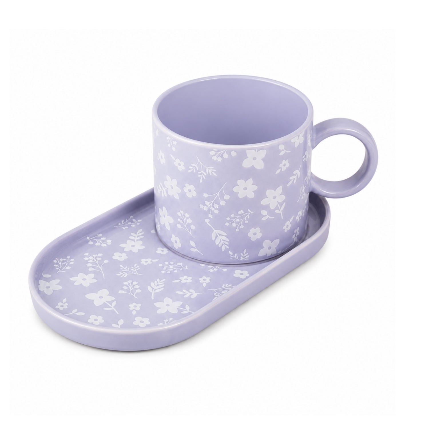 Purple Floral Stoneware Mug & Snack Saucer Set 260ml
