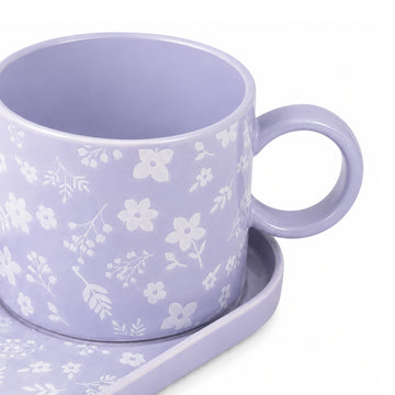 Purple Floral Stoneware Mug & Snack Saucer Set 260ml