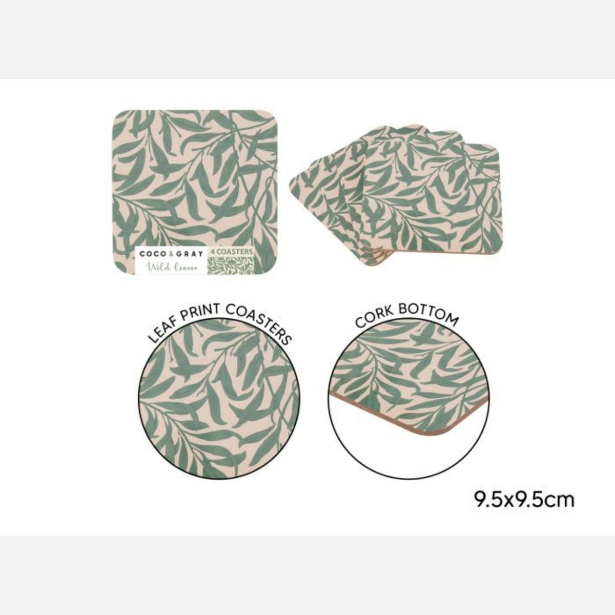 4Pcs Wild Leaves MDF Cork Backed 9.5cm Coasters Set