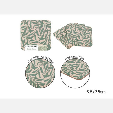 4Pcs Wild Leaves MDF Cork Backed 9.5cm Coasters Set
