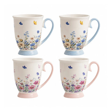 4Pcs 310ml Footed Floral Butterfly Mugs  New China Pink Blue Set