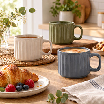 3Pcs New China 360ml Embossed Striped Reactive Glaze Mug Set