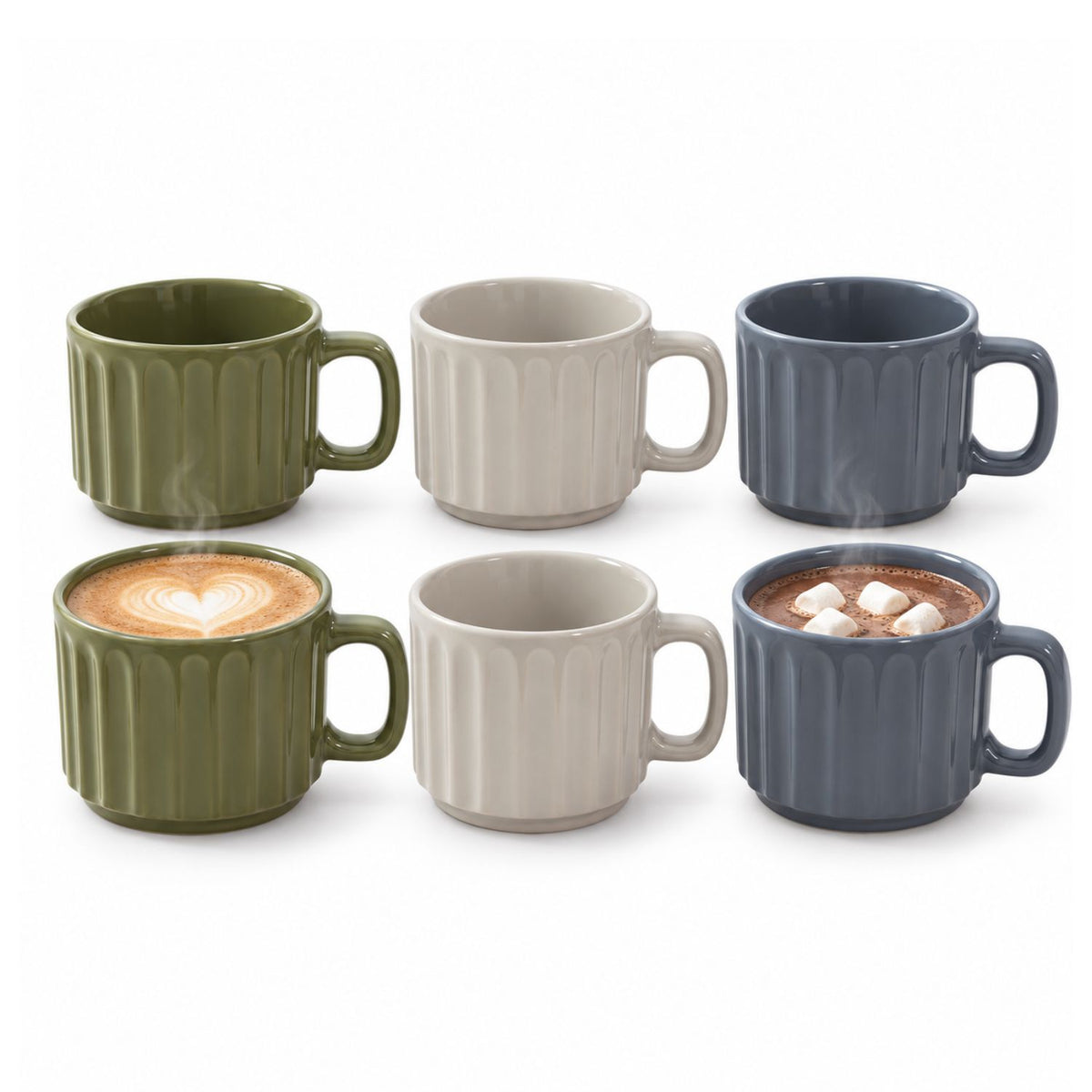 Set of 6 New China 360ml Embossed Striped Reactive Glaze Mugs