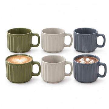 Set of 6 New China 360ml Embossed Striped Reactive Glaze Mugs