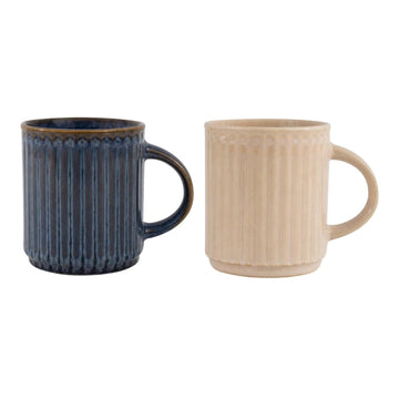 2Pcs Stoneware Reactive Glaze 500ml Embossed Ribbed Mug Set
