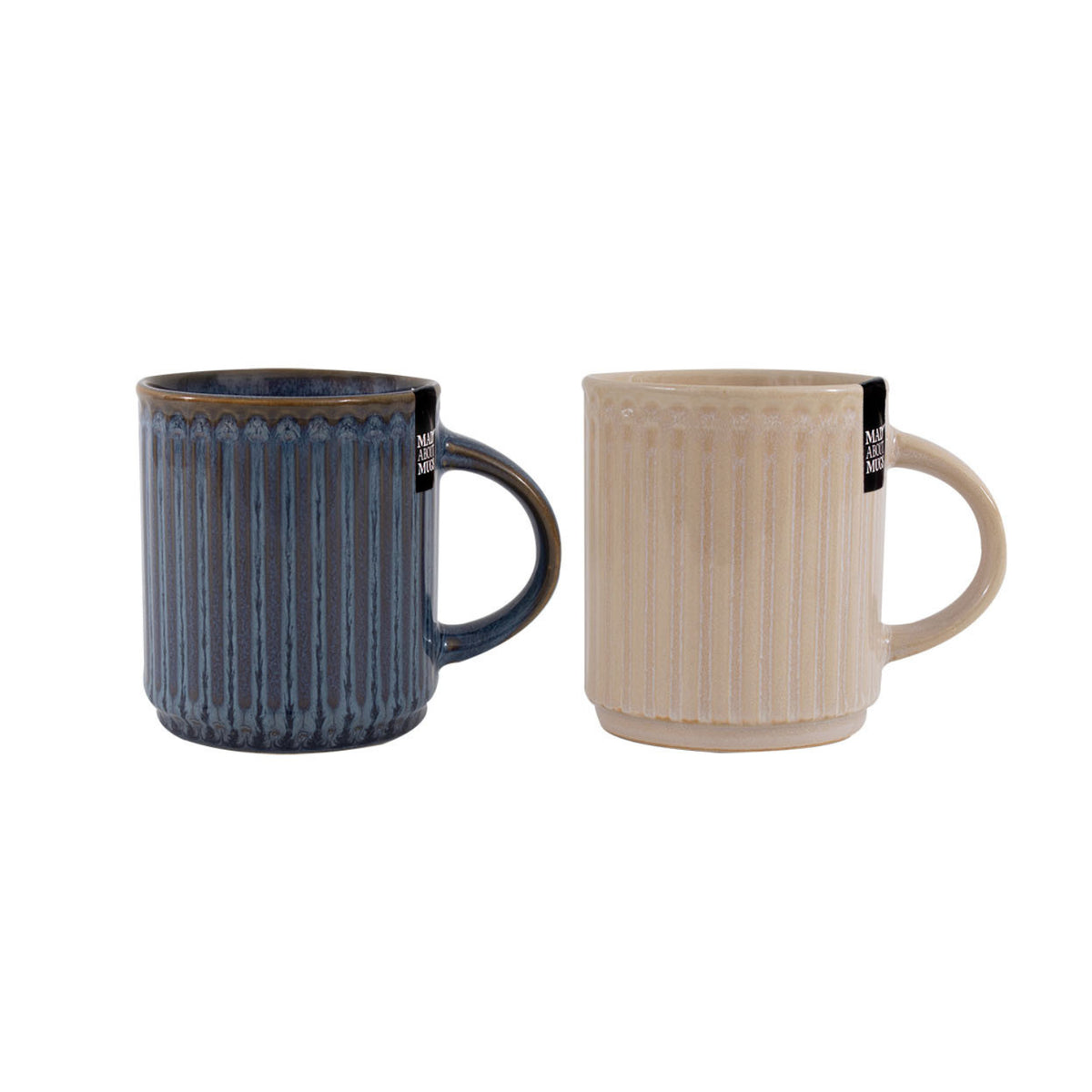 2Pcs Stoneware Reactive Glaze 500ml Embossed Ribbed Mug Set