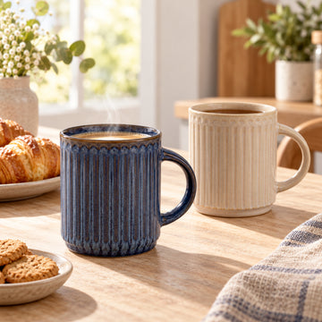 2Pcs Stoneware Reactive Glaze 500ml Embossed Ribbed Mug Set