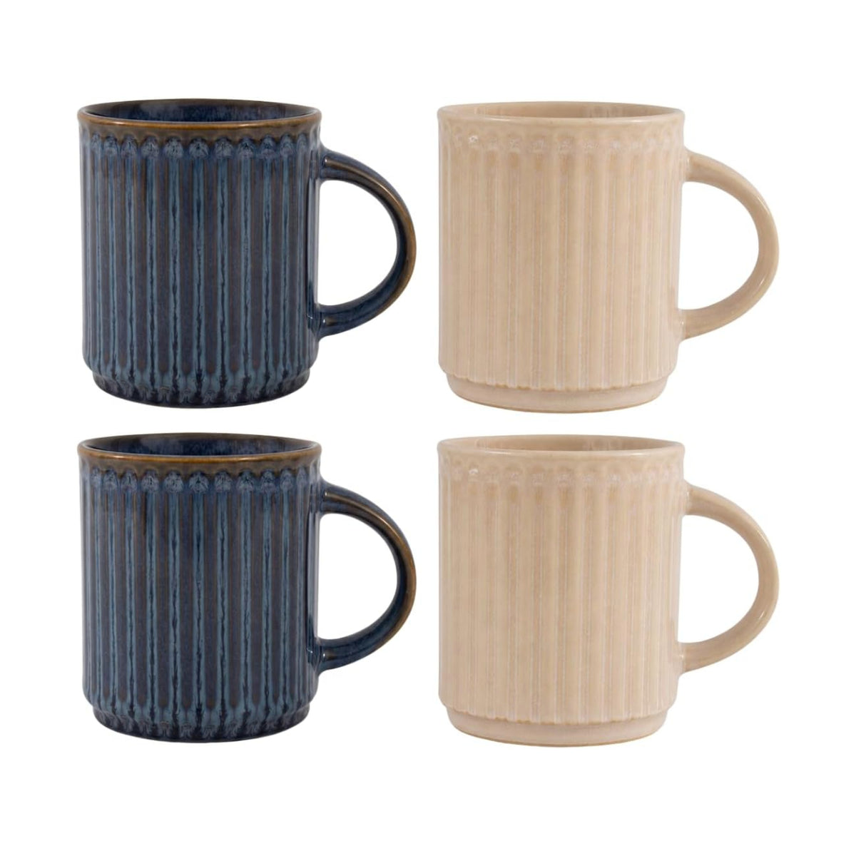 Set of 4 Stoneware Reactive Glaze 500ml Embossed Ribbed Mugs