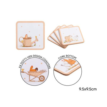 $pcs Dotty Hen Cork Backed 9.5cm Coasters Set