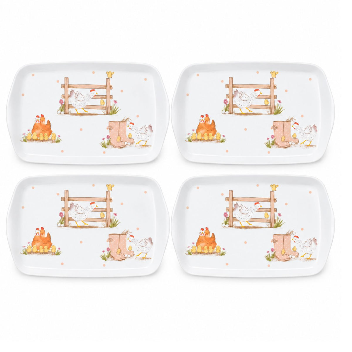 4Pcs 26x14cm Farmhouse Dotty Hen Melamine Tea Tray