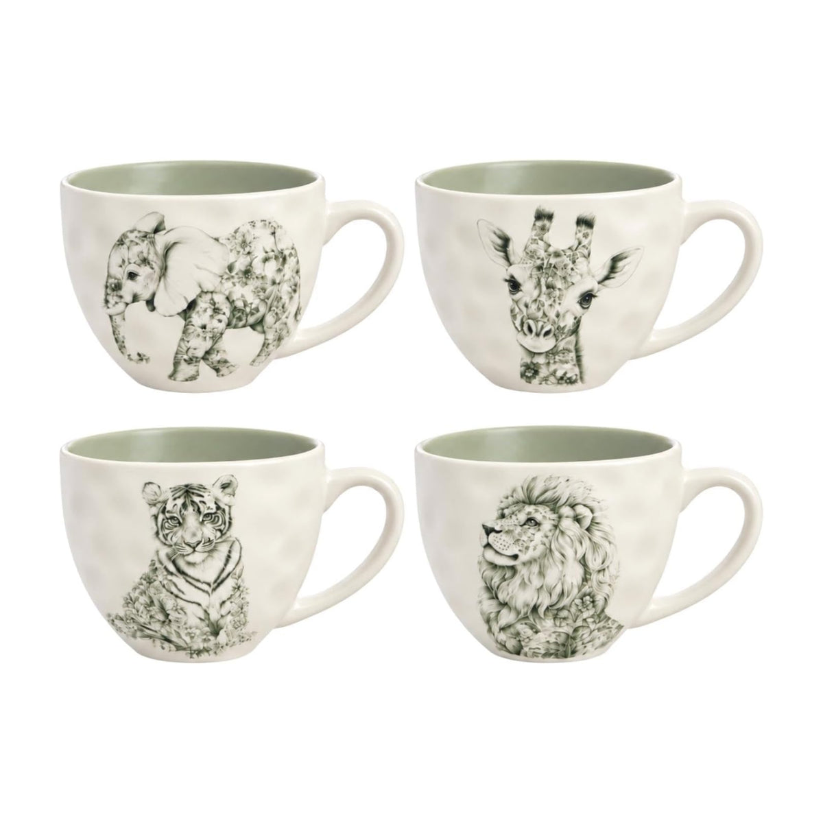 4Pcs Safari Animal Print Green Cream New China 450ml Mug Set