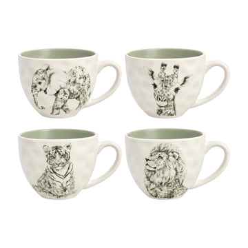 4Pcs Safari Animal Print Green Cream New China 450ml Mug Set