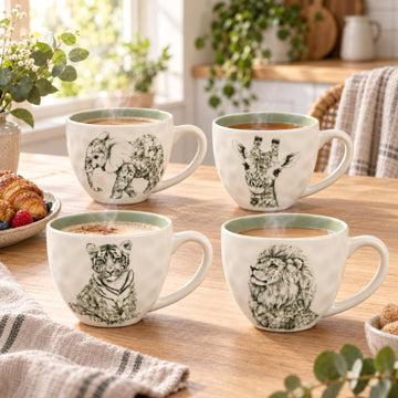 4Pcs Safari Animal Print Green Cream New China 450ml Mug Set