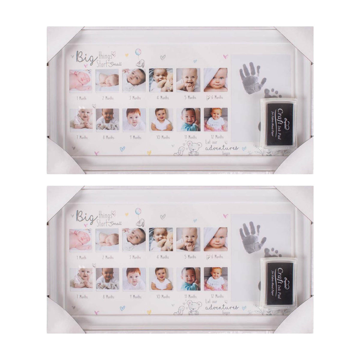 2Pcs White MDF Glass 12month Baby Keepsake Photo Frame With Ink Pad