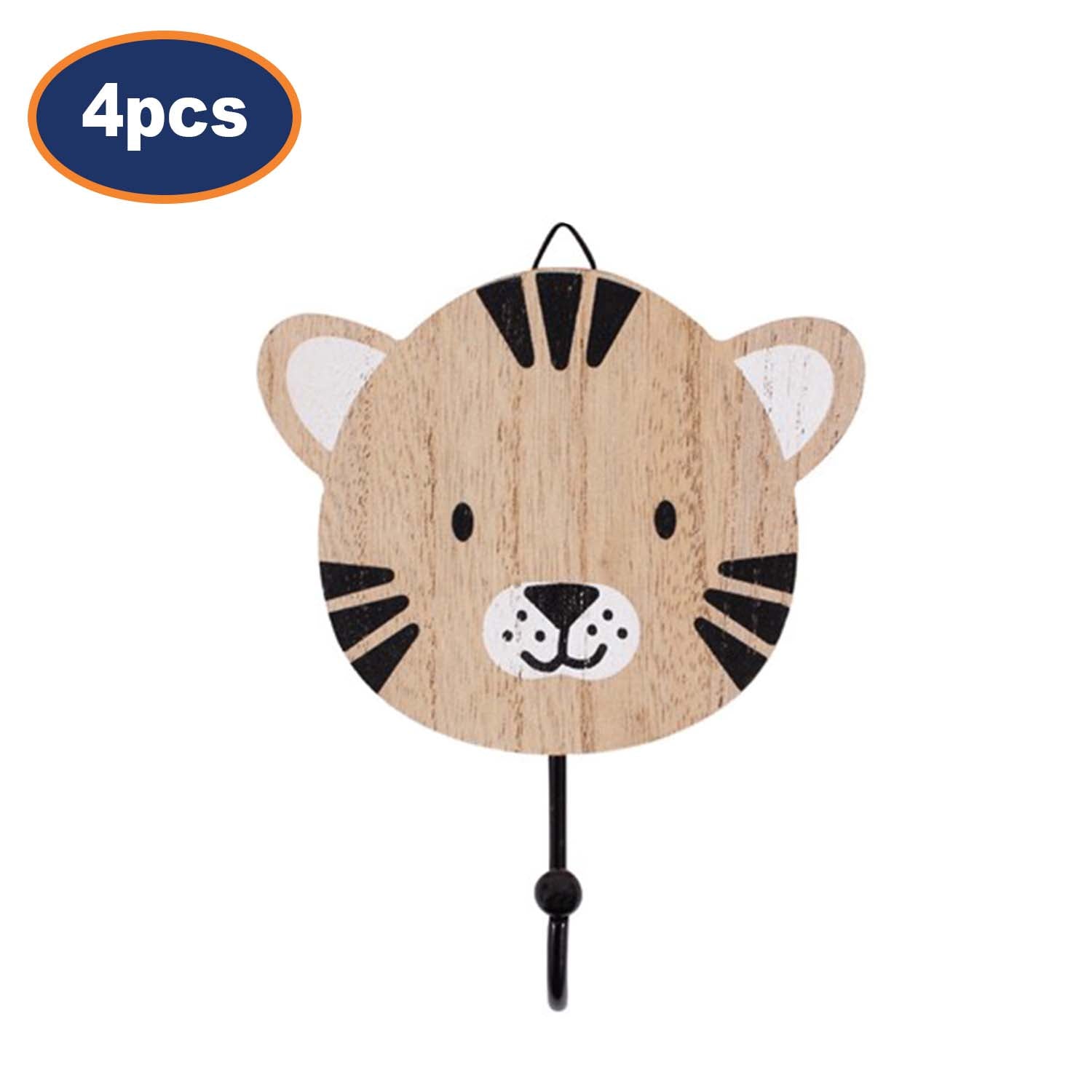 4Pcs Tiger Design Decorative Wooden Wall Hooks