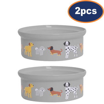 2Pcs 16cm White Stoneware Dog Prints Pet Bowl